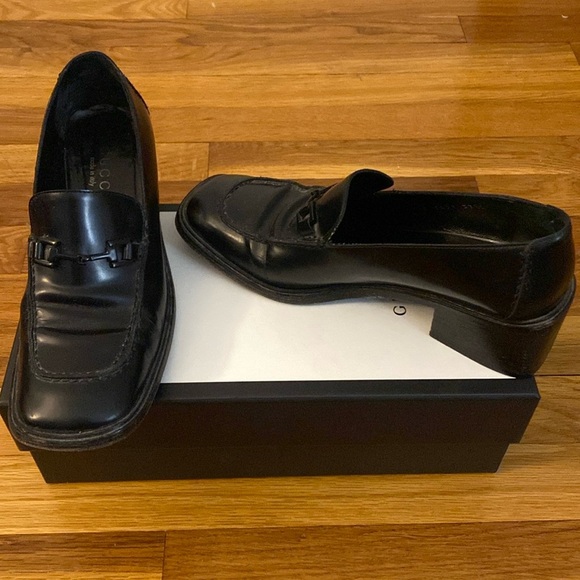 Gucci Women’s Black Horsebit Block Heel Loafers Size 37.5 - Picture 1 of 10